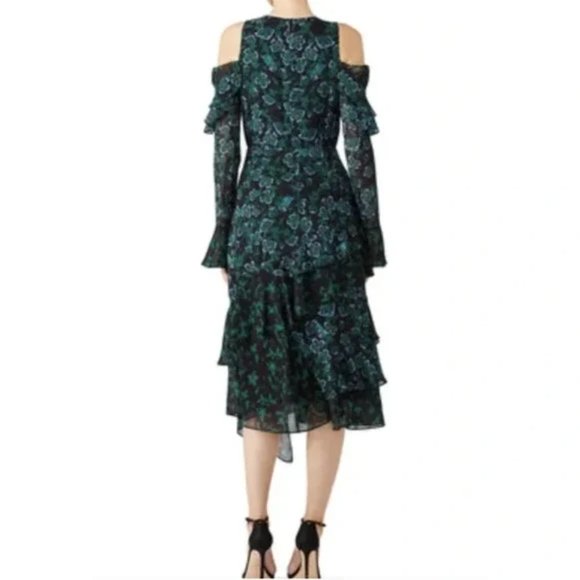 Tanya Taylor Green Floral Althea Silk Ruffle Midi Cold Shoulder Dress whimsigoth - Picture 2 of 13